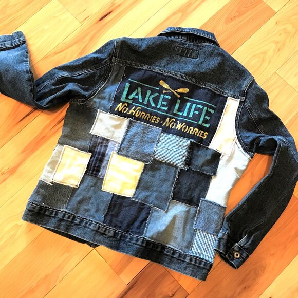 Upcycled Denim Patch Jacket: Lake Life Theme Patchwork Jean Coat, Women’s Large - Picture 3 of 12